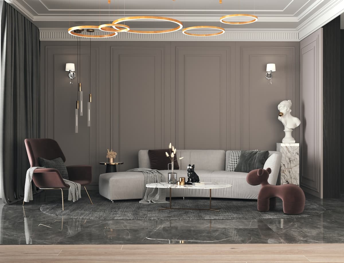 Gulf luxury, edited — generous proportions, marble and brass, desert tones with a city polish.